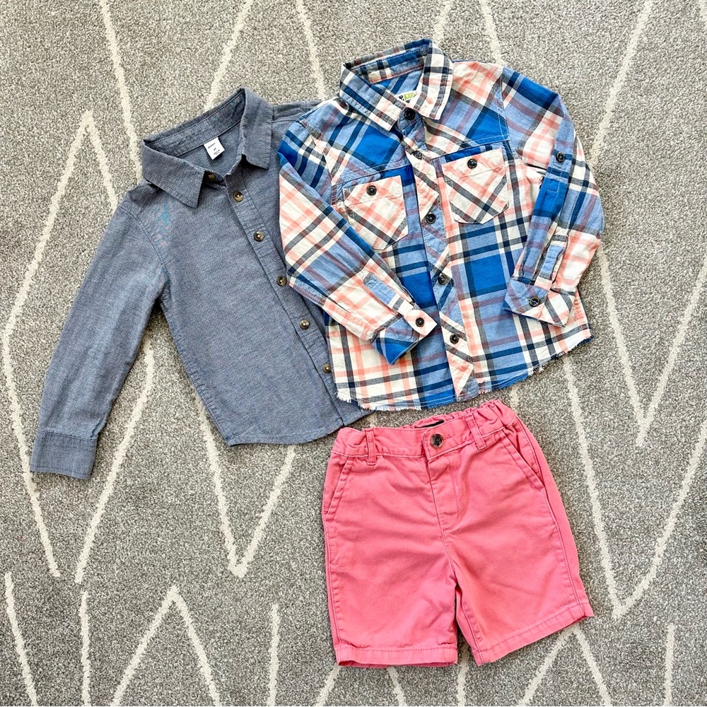 Bundle Boys 3T Spring Summer Coral Blue Plaid Shorts & Long Sleeve Button Downs